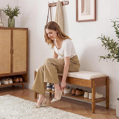 YEPDIN 2 Tier Shoe Rack Bench with Flip-Top Storage,39.3" Solid Wood Shoe Rack Bench with Chenille Cushion,for Entryway, Hallway,Living Room, Bedroom, Closet