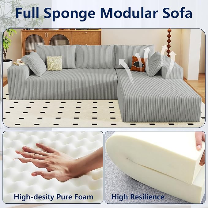 96" Modular Sectional Sofa, Modern Corduroy Cloud Couch with Deep Seat, Boneless Couch Upholstered 3-Seater L-Shaped Sofa for Living Room, No Assembly Required (Light Grey, Right-Facing Chaise)