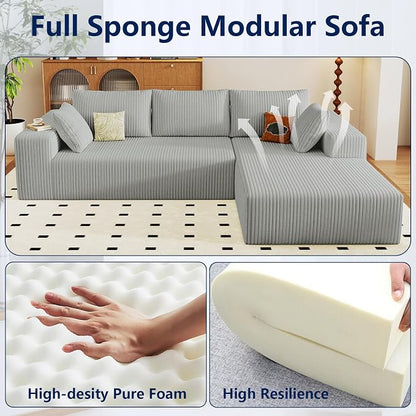 96" Modular Sectional Sofa, Modern Corduroy Cloud Couch with Deep Seat, Boneless Couch Upholstered 3-Seater L-Shaped Sofa for Living Room, No Assembly Required (Light Grey, Right-Facing Chaise)