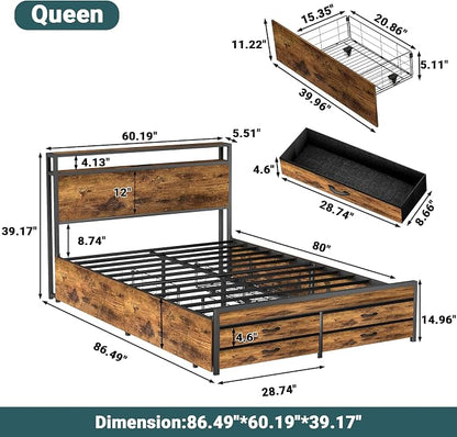 Zevemomo Queen Bed Frame with 8 Storage Drawers, Queen Metal Bed Frame with LED Light and Charging Station, Heavy Duty Metal Slats, No Box Spring Needed, Rustic Brown