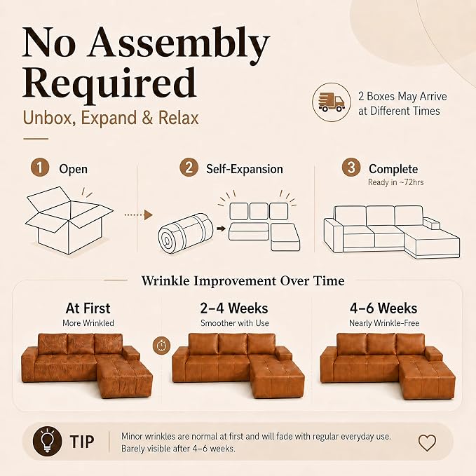 114” Boneless Sectional Couches for Living Room, Brown Cloud Faux Leather Couch in a Box, Modular Sectional Sofas for Living Room, L Shaped Couch with Chaise, Memory Foam Deep Seat,Right Chaise