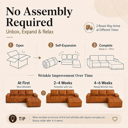 114” Boneless Sectional Couches for Living Room, Brown Cloud Faux Leather Couch in a Box, Modular Sectional Sofas for Living Room, L Shaped Couch with Chaise, Memory Foam Deep Seat,Right Chaise