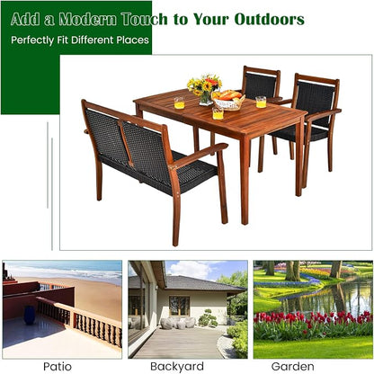 COSTWAY 4 Piece Patio Rattan Dining Furniture Set, Outdoor Acacia Wood Frame Loveseat, Chairs and Table Set with Umbrella Hole for Garden, Backyard, Lawn