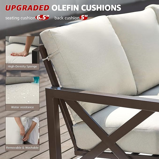 NATURAL EXPRESSIONS Patio 3 Seater Sofa Patio Furniture Set Outdoor Deep Seating Couch with 6.5'' Thick Olefin Cushion,High Back Metal Frame for Garden,Front Porch, Deck, Balcony, Backyard