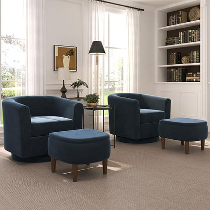 Swivel Accent Chair with Storage Ottoman Set of 2, Modern Velvet Barrel Chair, Upholstered Armchair with Footrest for Living Room/Reading/Bedroom, 25.4'' D x 28.35'' W x 24.4'' H, Blue