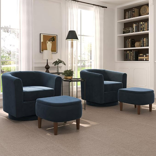 Swivel Accent Chair with Storage Ottoman Set of 2, Modern Velvet Barrel Chair, Upholstered Armchair with Footrest for Living Room/Reading/Bedroom, 25.4'' D x 28.35'' W x 24.4'' H, Blue
