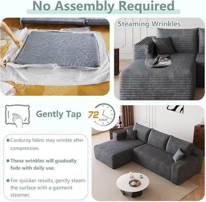 95" Modular Sectional Sofa, Modern Corduroy Cloud Couch with Side Pockets, Boneless Couch Upholstered 3-Seater L-Shaped Sofa for Living Room, No Assembly Required (Dark Gray,Left-Facing Chaise)