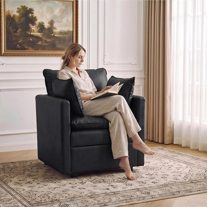 30" Black Faux Leather Sofa Chair, Single Cloud Accent Chair with Storage | Modern Upholstered Deep Seat Sofa Chair, Comfort for Reading, Lounging, and Small spaces, Armchair for Living Room, Bedroom