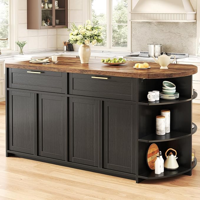 HSH 63 Inch Large Kitchen Island with Storage and Seating, Rustic Brown | Stationary Island Table with Storage Drawers, Cabinets, Oval Open Shelves, Wood Counter Prep Island for Kitchen Dining Room