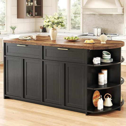 HSH 63 Inch Large Kitchen Island with Storage and Seating, Rustic Brown | Stationary Island Table with Storage Drawers, Cabinets, Oval Open Shelves, Wood Counter Prep Island for Kitchen Dining Room