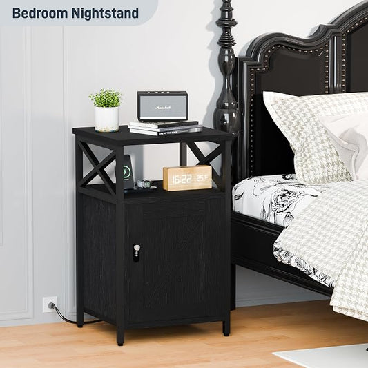 Night Stand Set 2, Bedroom Nightstands, Matching Bedside Tables, Black | Lock and Charging Station with USB C Port, Large Lockable Storage Cabinet, End Table with Door, Metal and Wood Bed Side Table
