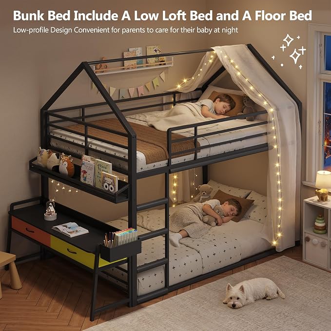 DICTAC Twin Over Twin Low Bunk Bed with Desk and Drawers, Black | Metal House Shaped Low Bunk Bed, 2 Storage Drawers, Bookshelf and Side Pocket, Floor Bunk Bed with 13.4''H Safety Guardrail