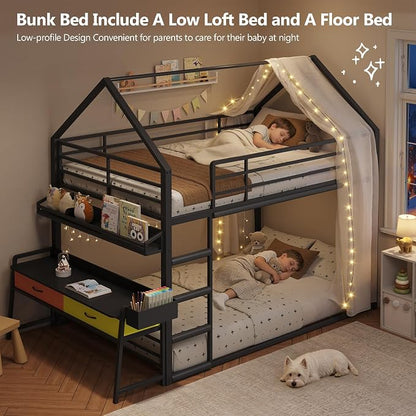 DICTAC Twin Over Twin Low Bunk Bed with Desk and Drawers, Black | Metal House Shaped Low Bunk Bed, 2 Storage Drawers, Bookshelf and Side Pocket, Floor Bunk Bed with 13.4''H Safety Guardrail