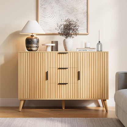 47.2" Fluted Sideboard Buffet Cabinet with 3 Drawers, Modern Sideboard Cabinet with Storage, Large Storage Cabinets with 2 Doors Accent Credenza for Kitchen|Living Room|Entryway, Natural