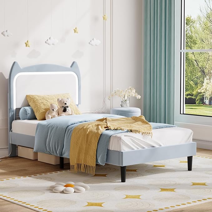 Garvee Twin Upholstered Bed Frame withCute Cat Headboard, Velvet Princess Platform Bed Frame with Sturdy Wood Slats Support for Girls/Kids, No Box Spring Needed, Blue