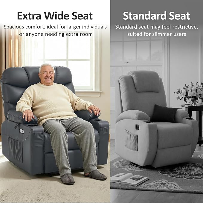 MCombo Oversized Power Lift Recliner Chair with Extended Footrest, Extra Wide for Big and Tall Elderly People, Faux Leather R7289 (Dark Grey, Medium-Wide)