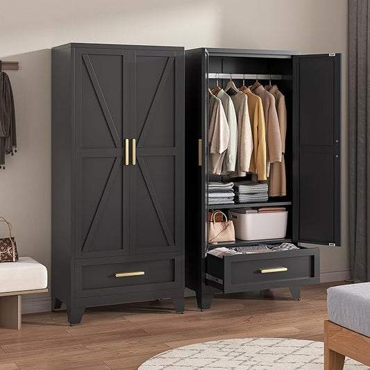 LCAOPC 71" Tall Metal Wardrobe Cabinet with Drawer and Hanging Rod, 2 Doors Armoire Wardrobe Closet with Shelf for Bedroom, Office, Laundry Room, Black