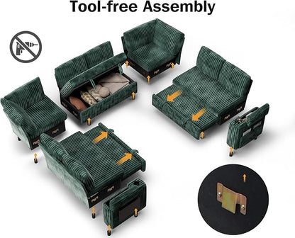 Vipbear 111" Modular Sectional Sleeper Sofa with Pull Out Bed, 8 Seat Plush Corduroy U Shaped Couch with Storage Chaise|USB Ports|Cup Holders|Side Table| Storage Armrests, Tool Free Assembly, Green