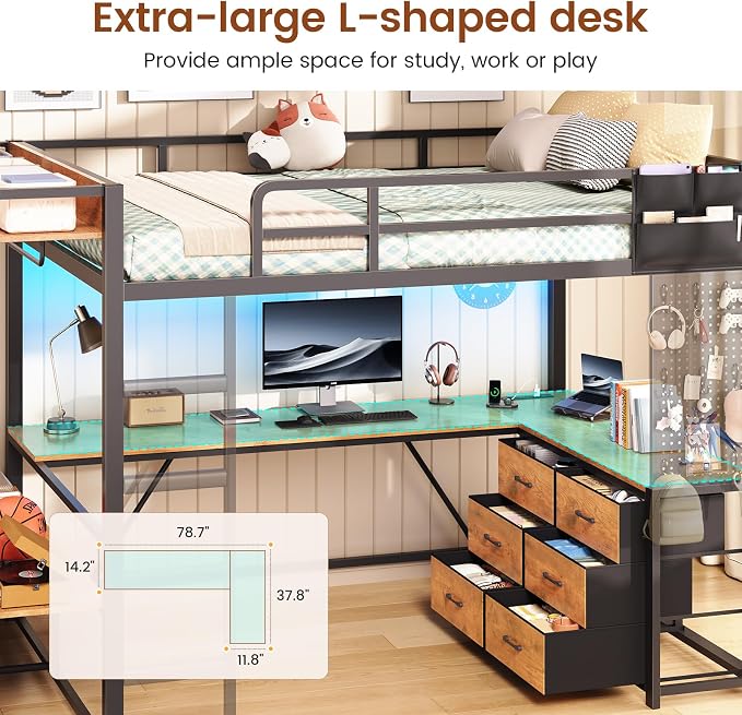 Itaar Twin Loft Bed with L-Shaped Desk & 8 Storage Drawers, Metal Kids Twin Loft Bed with Led Lights, Charging Station, Hall Tree, Safety Guard & Ladder, No Box Spring Needed, Rustic Brown