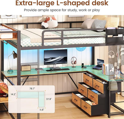 Itaar Twin Loft Bed with L-Shaped Desk & 8 Storage Drawers, Metal Kids Twin Loft Bed with Led Lights, Charging Station, Hall Tree, Safety Guard & Ladder, No Box Spring Needed, Rustic Brown