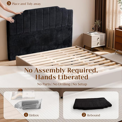 Queen Headboard Only - Black Velvet Upholstered Headboard for Bed, No Assembly Required, Pure Sponge Design, Comfort Head Board, Place Between Bed & Wall, Vertical Stripe with Stepped Crown Top Edge