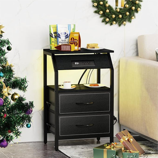 SZLHANJZ End Table with Light, LED Nightstand with 2 Drawers and Type C Charging Station, Small Fabric Night Stand for Bedside, Storage Side Table for Living Room, Dorm, Black