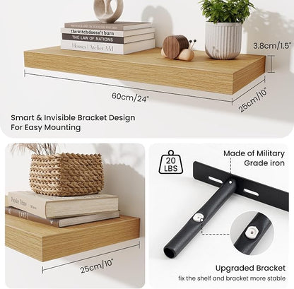 Fun Memories 24 x 10 Floating Shelves Wall-Mounted - Rustic Wood Shelf - 10 Inch Deep Floating Shelves for Wall - Large Storage Shelf for Bathroom - Kitchen & Bedroom - Oak - Set of 3