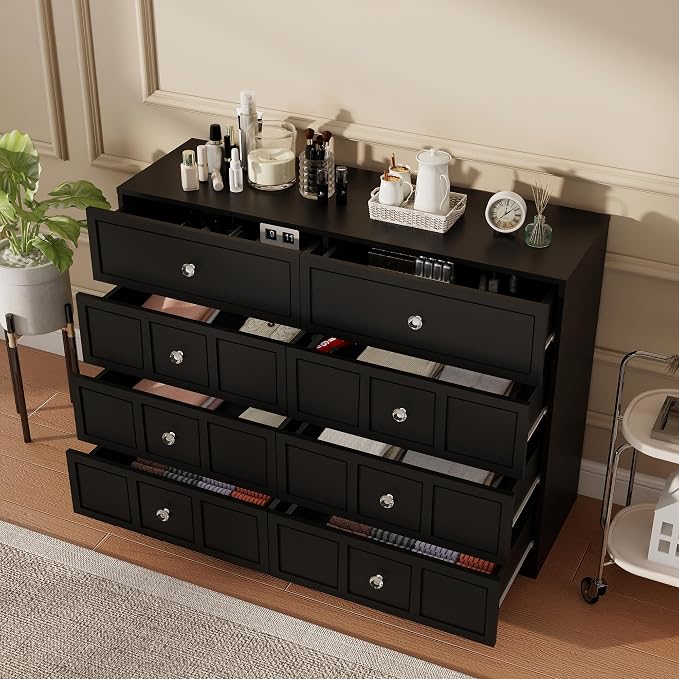 8 Drawer Dresser for Bedroom: 47" Black Wide Tall Dressers for Bedroom, Modern Fluted Dresser with Deep Drawers, Wooden Chest of Drawers for Living Room