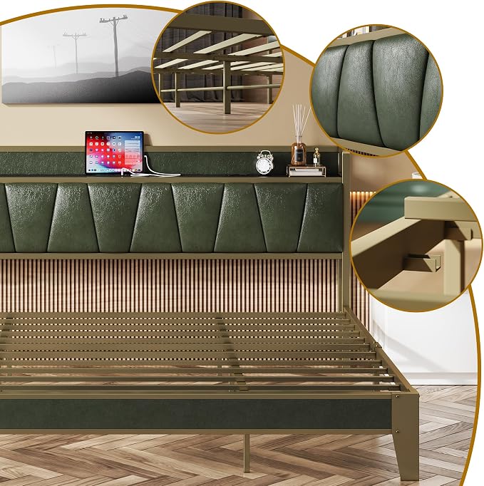 LIKIMIO California King Bed Frame, Storage Headboard with Charging Station, Solid and Stable, Noise Free, No Box Spring Needed, Easy Assembly (Dark Green)