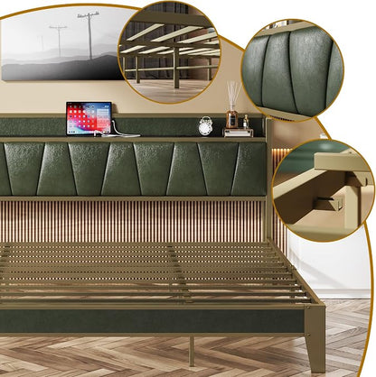 LIKIMIO California King Bed Frame, Storage Headboard with Charging Station, Solid and Stable, Noise Free, No Box Spring Needed, Easy Assembly (Dark Green)
