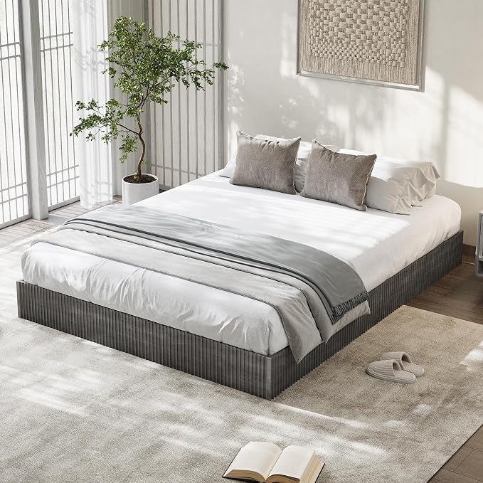 Garvee King Bed Frame, Wood Platform Bed with Fluted Design, Low Profile BedFrame, Minimalist Bed Base with Noise-Free, Easy Assembly, No Box Spring Needed, Charcoal Grey