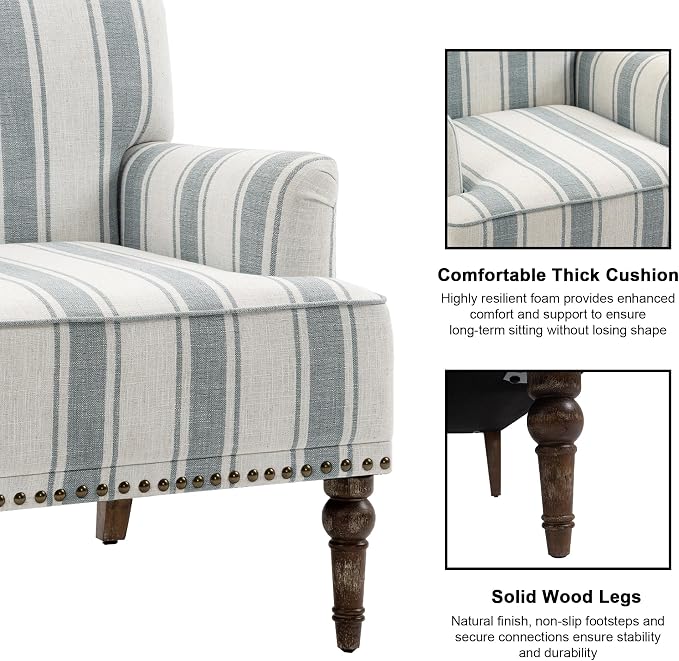 Accent Chair, Mid Century Modern Comfy Armchair for Living Room, Linen Fabric Single Sofa Lounge for Reading Bedroom Apartment Waiting Room with Wood Legs (Blue Stripe, Set of 2)
