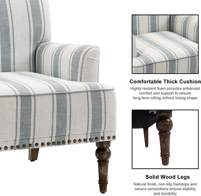 Accent Chair, Mid Century Modern Comfy Armchair for Living Room, Linen Fabric Single Sofa Lounge for Reading Bedroom Apartment Waiting Room with Wood Legs (Blue Stripe, Set of 2)