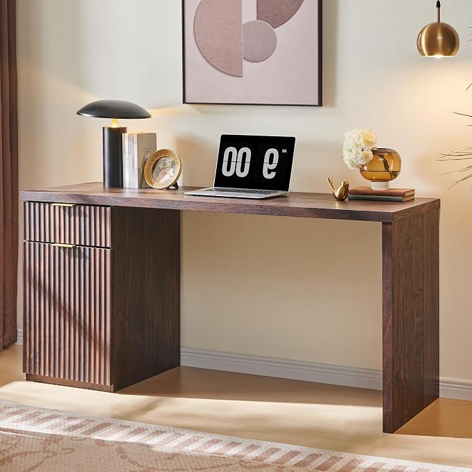 60" Modern Home Office Desk, Reversible Left‑Right Cabinet, Built‑in Outlet | Reversible design lets you fix the cabinet on left‑hand or right‑hand side to fit your room layout