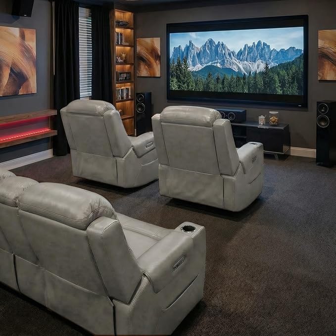 Watson & Whitely Genuine Leather Power Recliner Chairs for Adults, Lay Flat Recliner with Power Headrest, USB Ports and Cup Holders, Electric Reclining Sofa for Living Room, Bedroom, Grey