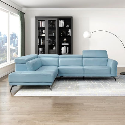 Lexicon L-Shaped Sectional Couch with Left Chaise, Top Grain Leather Match Sectional Sofa, Adjustable Headrests, Black Chrome Metal Legs, High-Density Cushions, Stitching, for Living Room, Blue