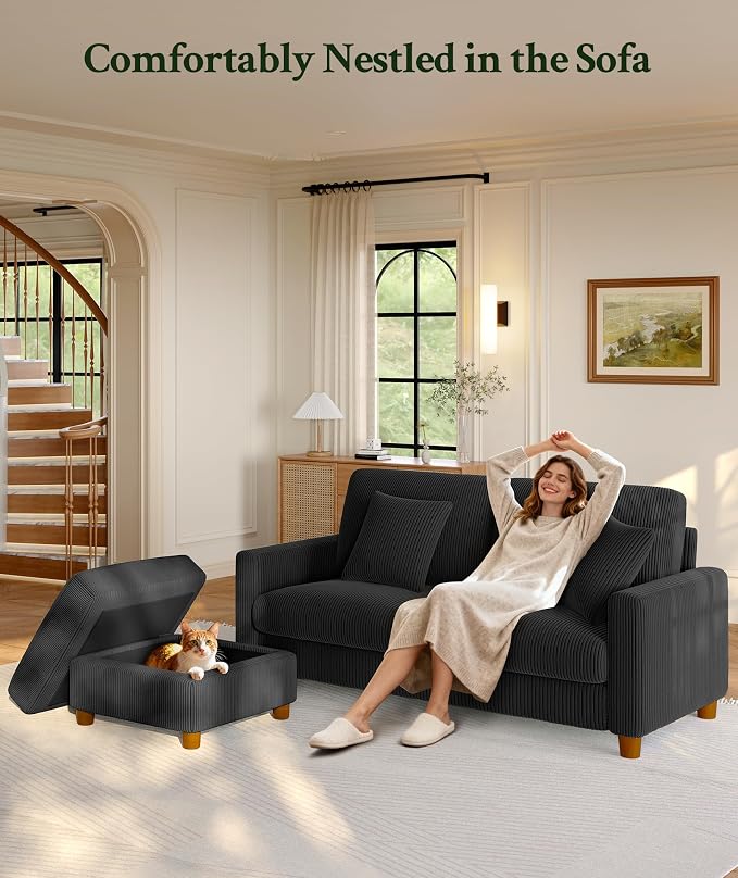 Welzona 70.2" Couches for Living Room, Comfy L Shaped Couch Black 7.1" Thicker Cushion, Sofas for Living Room Tool-Free Setup, Loveseat with Ottoman 705lbs Support, Corduroy Couch for Bedroom, Office