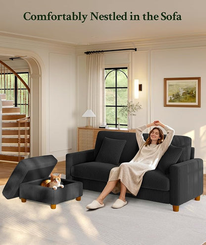 Welzona 70.2" Couches for Living Room, Comfy L Shaped Couch Black 7.1" Thicker Cushion, Sofas for Living Room Tool-Free Setup, Loveseat with Ottoman 705lbs Support, Corduroy Couch for Bedroom, Office