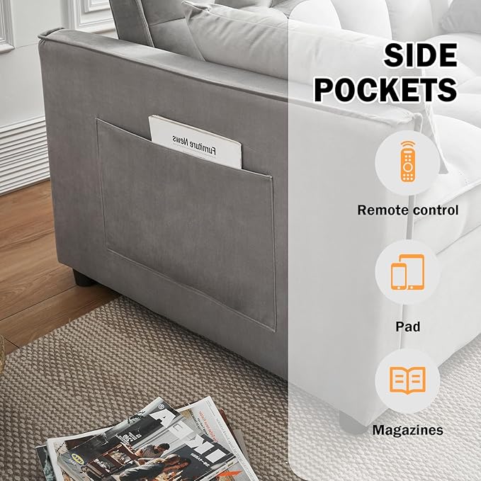 Velvet Pull Out Couch Bed & Sleeper Sofa, 3-in-1 Convertible Sofa Bed with Adjustable Backrest, Storage Pockets, Armrests & Pillows for Small Spaces (Gray)
