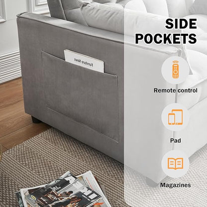 Velvet Pull Out Couch Bed & Sleeper Sofa, 3-in-1 Convertible Sofa Bed with Adjustable Backrest, Storage Pockets, Armrests & Pillows for Small Spaces (Gray)