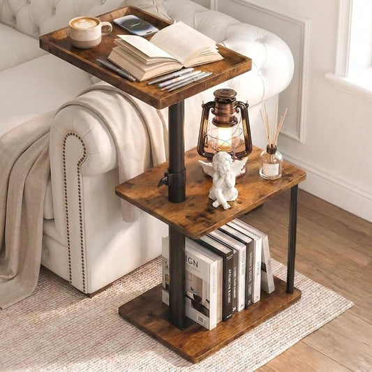 Faesun C Table End Table Adjustable Height, 360°Swivel TV Tray Table for Small Spaces, Small Nightstand for Living Room, Bedroom, Rustic