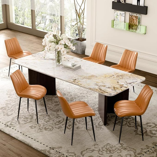VECELO Dining Chairs Set of 6, Vegan Leather Fabric & Metal Frame, Mordern Style for Kitchen, Living Room,Offcie，Brown