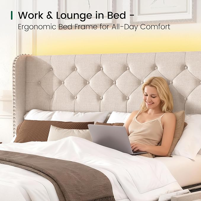 LARMACE Queen Size Bed Frame with LED Lights and 4 Storage Drawers Linen Upholstered Platform Bed Frame with 47.2" Tall Tufted Headboard Wingback, No Box Spring Needed, Easy to Assemble, Beige