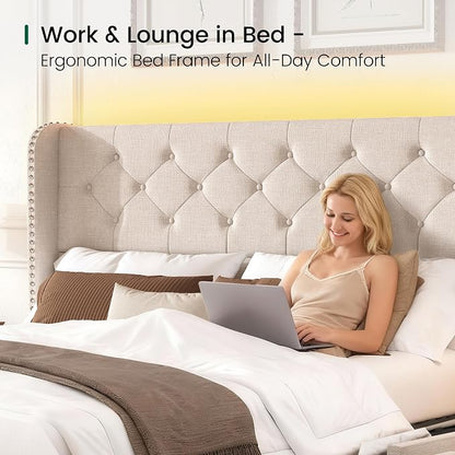 LARMACE Queen Size Bed Frame with LED Lights and 4 Storage Drawers Linen Upholstered Platform Bed Frame with 47.2" Tall Tufted Headboard Wingback, No Box Spring Needed, Easy to Assemble, Beige