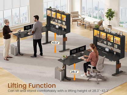 SEDETA 67" Standing L Shaped Gaming Desk, Office Computer Desk with Storage Hutch, Stand Up Corner Desk with Pegboard & Led Lights for Home Office, Black