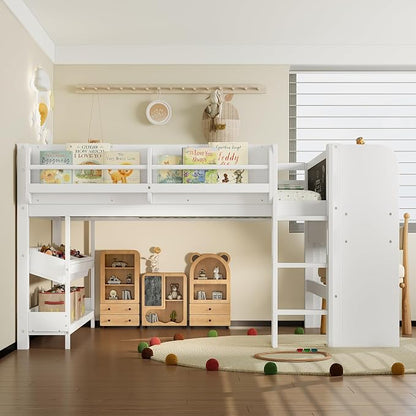 Bellemave Full Size Low loft Bed with Desk and bookcases, Boxes and Drawers for Kids,Wood Modern Farmhouse Kids Loft Beds with Shelf, White