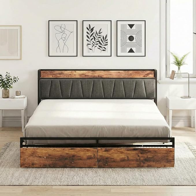 LIKIMIO King Size Bed Frame with 2 Drawers and Charging Station | Platform Bed with Upholstered Storage Headboard, No Box Spring Needed, Easy Assembly, Sturdy, Industrial Brown and Gray