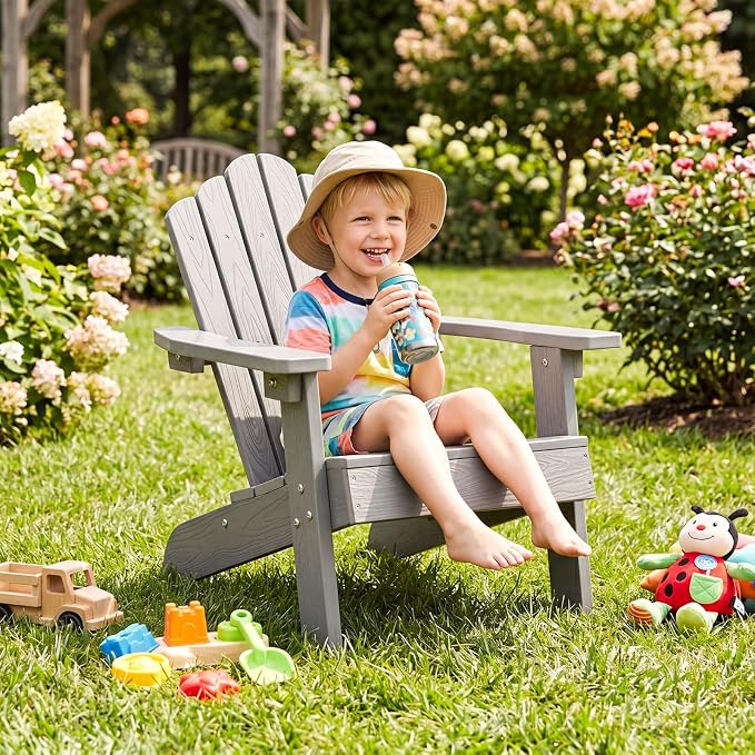 Costzon Kids Adirondack Chair, All-Weather HIPS Toddler Outdoor Chair, Wooden Textured Plastic Fire Pit Chair, Kids Patio Chair for Backyard Lawn Garden, Fits Children Age 3-7 Years (4, Gray)
