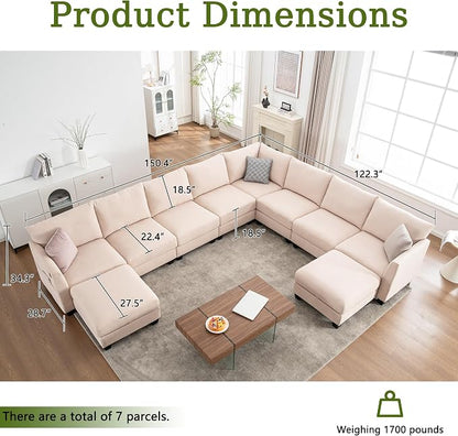 150.4" Large Sectional Couches for Living Room, 8 Seater L Shaped Modular Sectional Sofa with Two Storage Ottomans & USB, Oversized Corner Couch for Living Room（Beige）