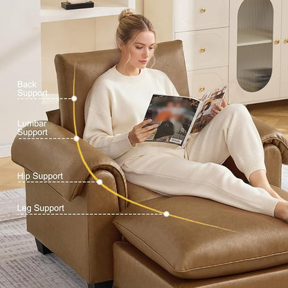 44.5" Faux Leather Single Sofa with Movable Ottoman, Oversized Accent Chair with Curved Armrests, Cloud Modern Sofa Upholstered Reading Lounge Armchair for Living Room, Bedroom，Light Brown